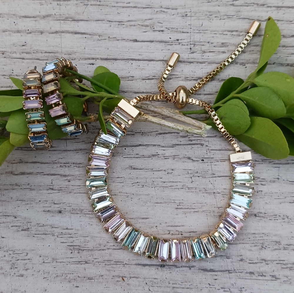 Vintage Glass Bead Earrings & Tennis Bracelet Multicolored Adjustable Pull Tie